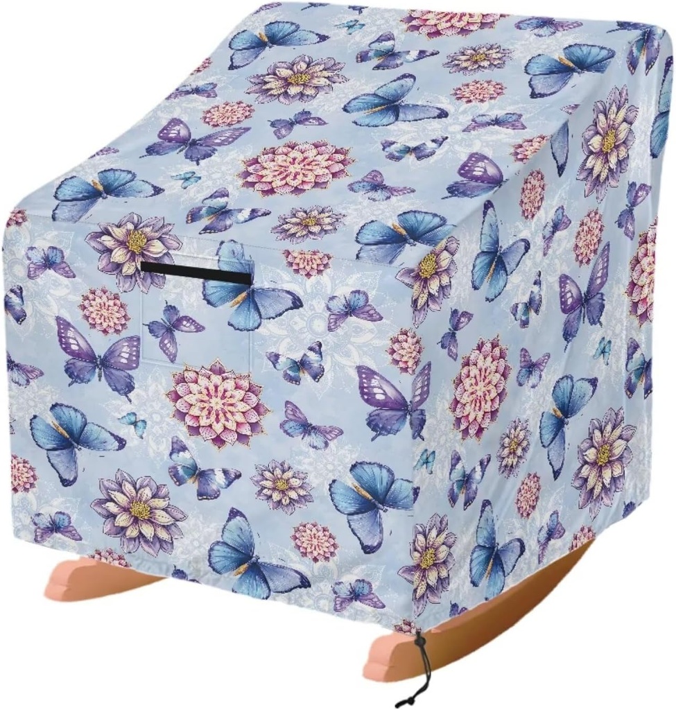 Patio Chair Cover Rocking Chair Protector Outdoor Furniture Cover Blue Butterfly Bohemian Flower Print Water Resistant Lounge Deep Seat Cover for Lawn Garden, 37"Wx37"Dx36"H