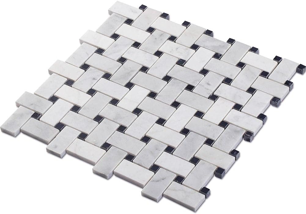 Tenedos Italian Bianco Carrara White Greyish Marble Basketweave Polished Mosaic Floor Wall Tile with Black Dots for Kitchen Backsplash Bathroom Flooring Shower, Fireplace, Niche Accent Decor