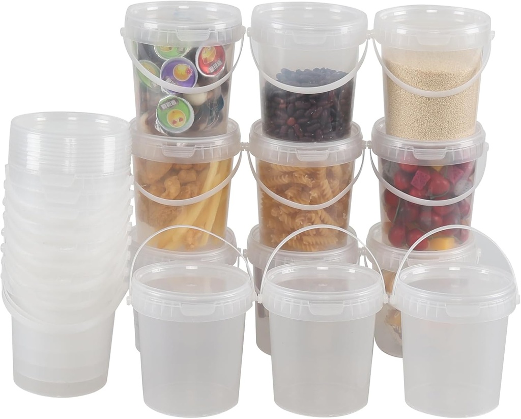 20 PCS 27 OZ Round Plastic Ice Cream Bucket with Lid, 0.8 L Clear Food Storage Bucket with Handle