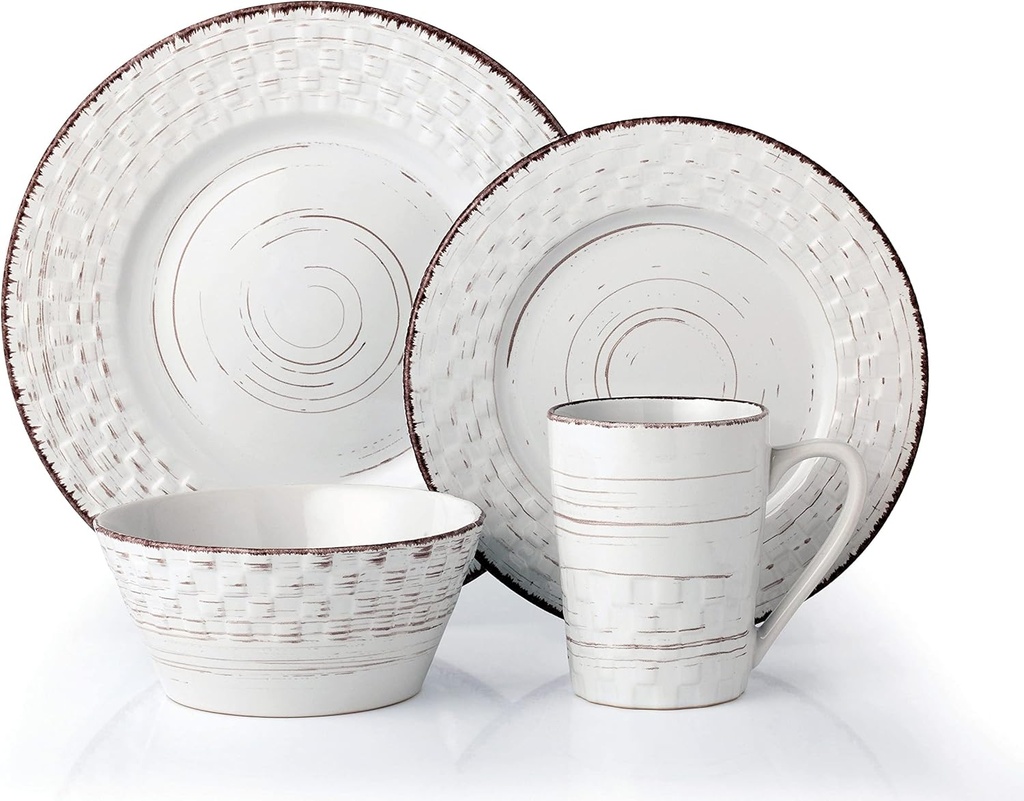 Stylish and Elegant 16 Piece Stoneware Dinnerware Service Set for 4 People - Distressed Weave, White