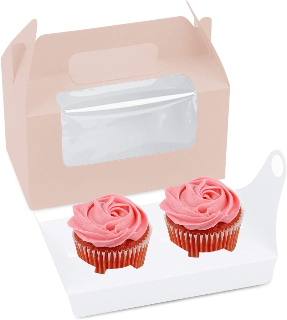 20 Pcs Cupcake Boxes, 2 Holders Cupcake Containers Muffins Cupcake Carriers Holder Pastry Containers Favor Candy Treat Boxs Bakery Boxes with Window & Handle for Wedding Birthday Party (Pink)