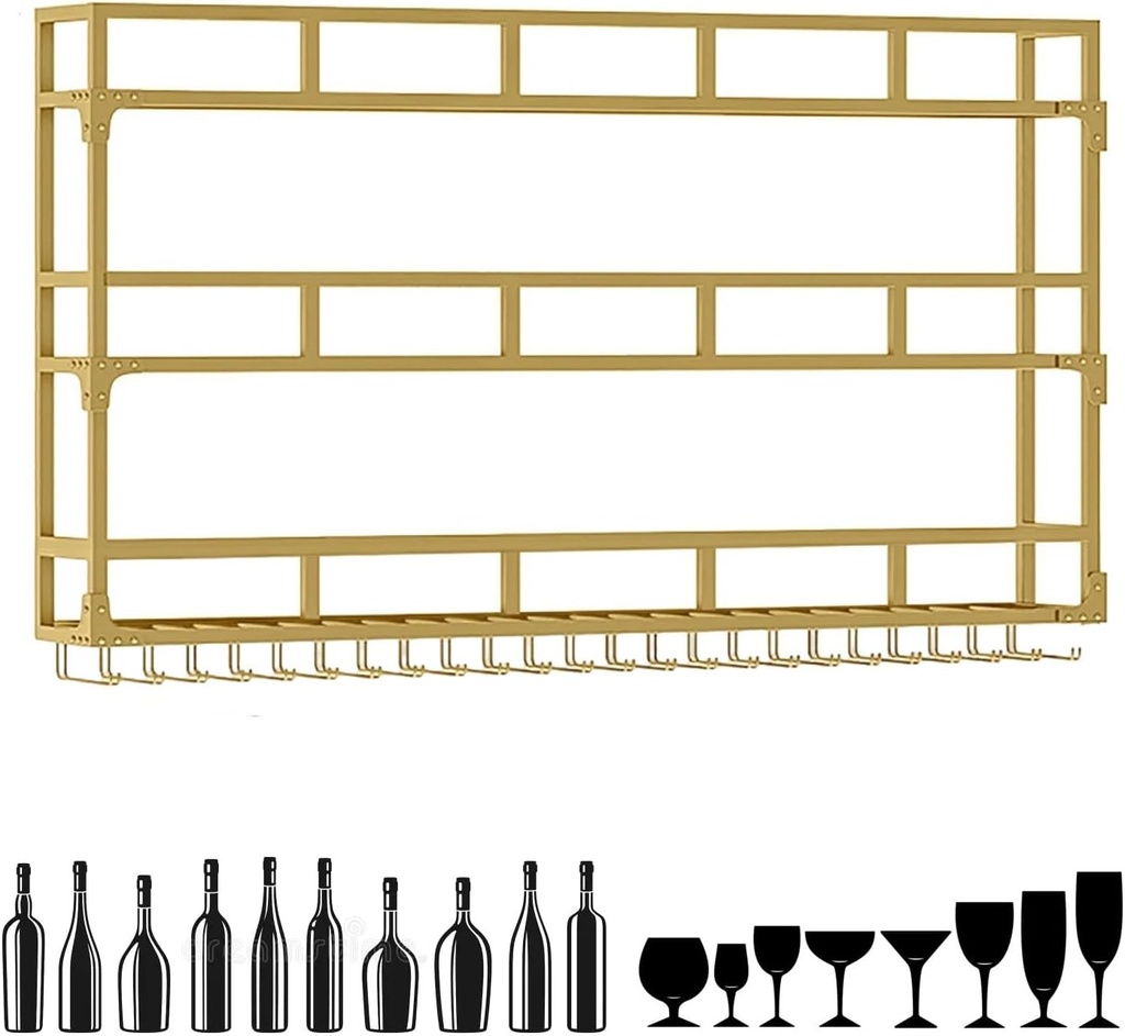 3-Tier Iron Wine Rack Wall Mounted with Wine Glass Holder,Floating Bar Shelves,Liquor Bottle Display Shelf,Hanging Bar Shelf,Metal Wine Storage Racks,for Kitchen Wine Cellar,Gold/Black(Gold