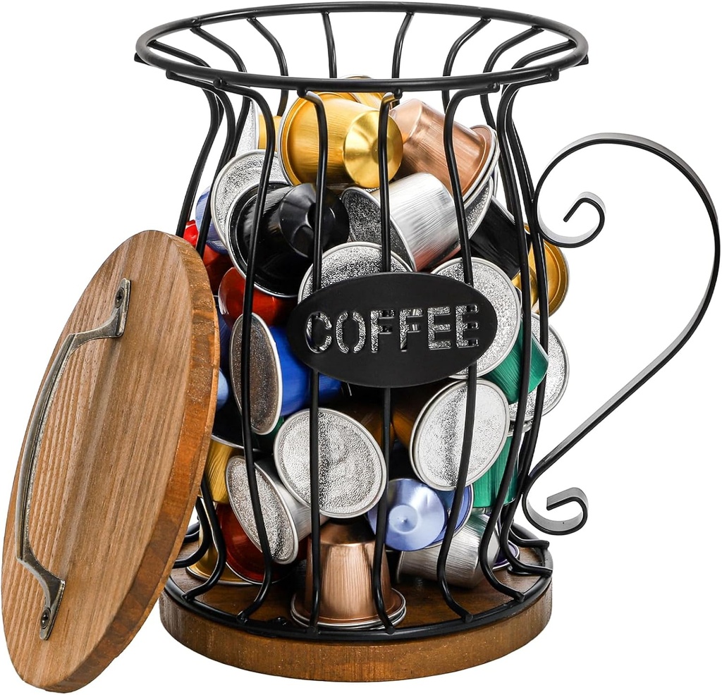 Rustic Coffee Pod Holder with Lid, K Cup Pods Holder for Counter, Large Capacity Black Wire Coffee Pod Filter Storage Basket for Keuring Espresso Capsule, Wooden Base