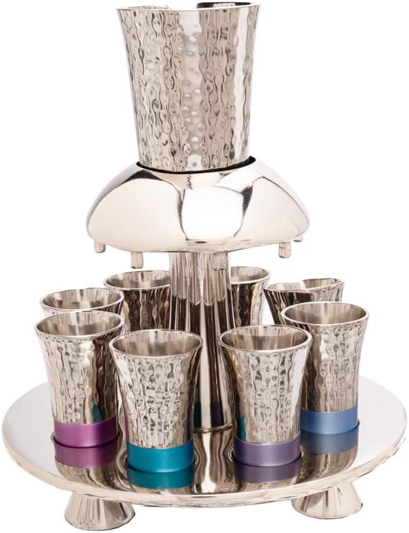 Yair Emanuel Kiddush Fountain set Hammered 8 Cups for Sharing 1 Main Cup Colorful Anodized Aluminum Rings Judaica Gift