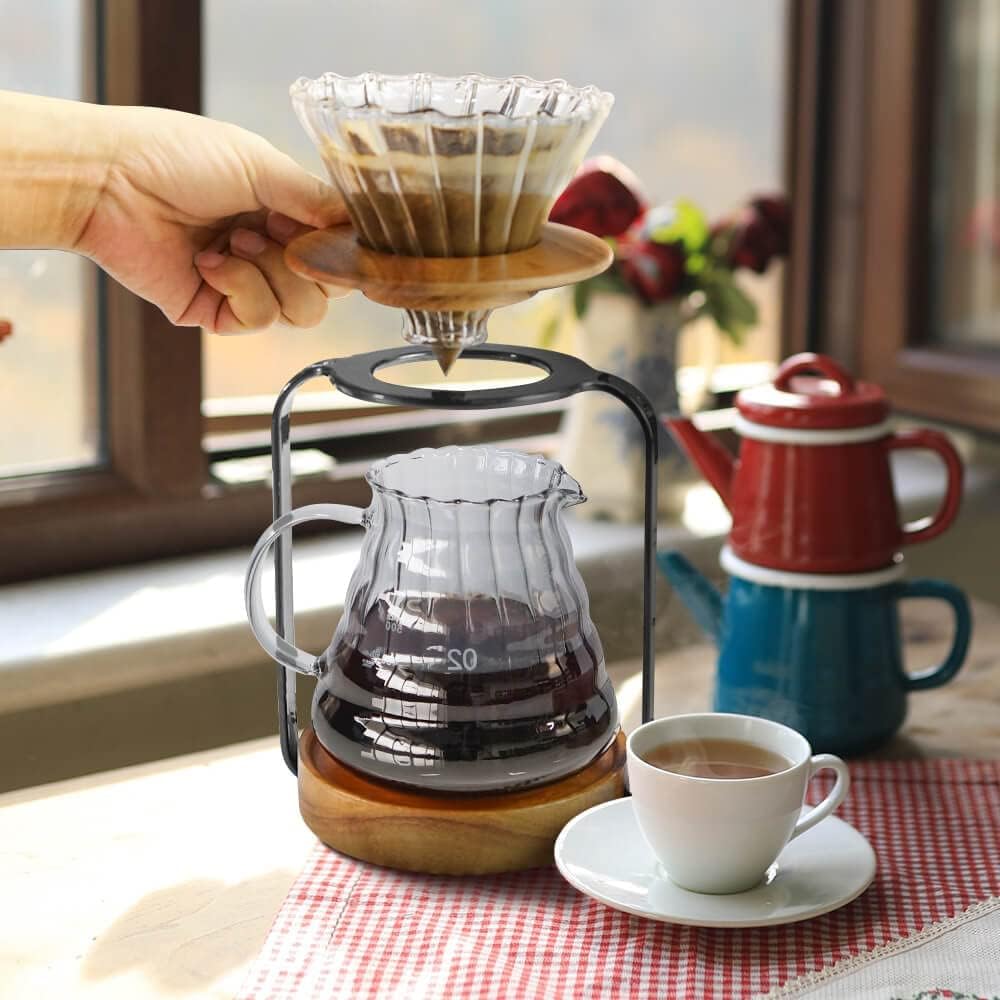 SOTECH Pour Over Coffee Station Dripper Stand Coffee Filter Wooden Filter Holder Glass Server with Paper Coffee Filters, Coffee Maker Stand Set for Coffee Tea and Saffron