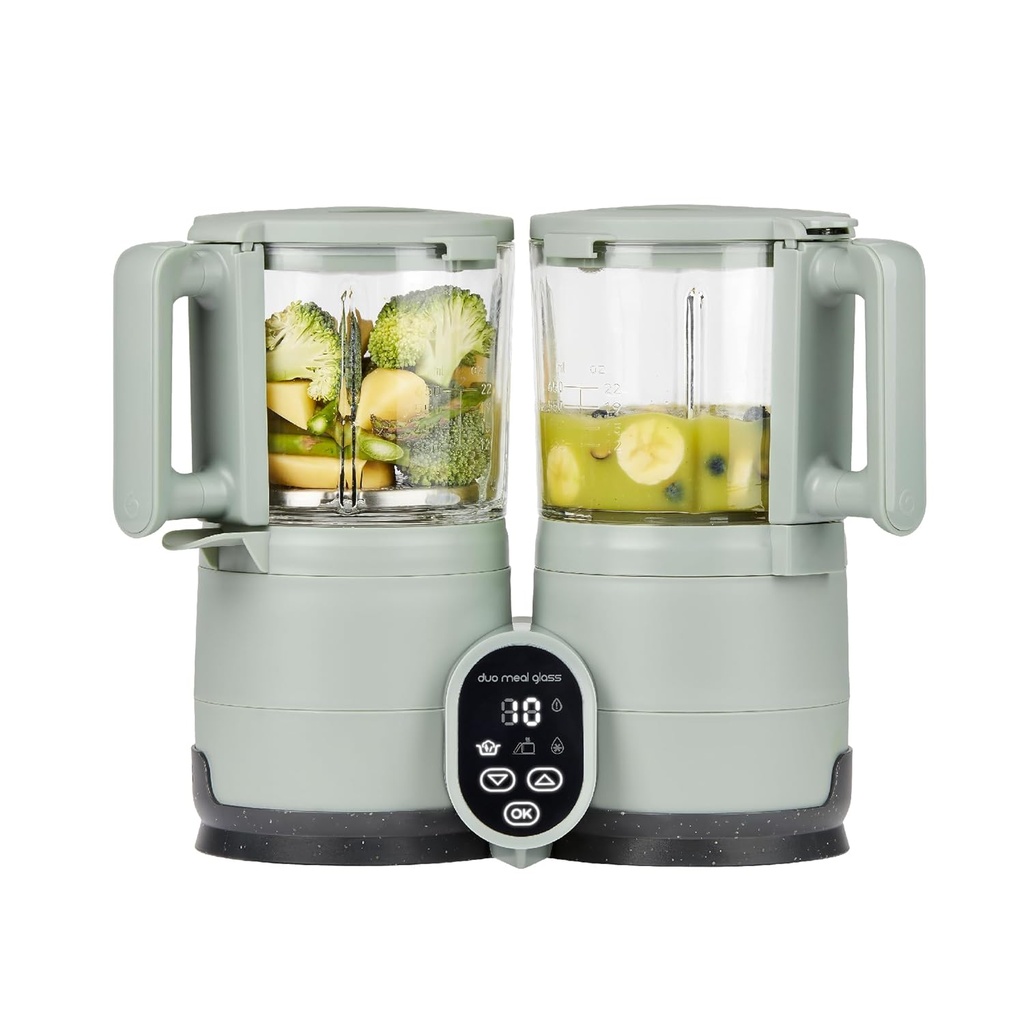 Babymoov Duo Meal Glass Baby Food Maker, Celadon Green – 4-in-1 Steamer, Blender, Defroster, and Heater with Programmable Timer, Large Capacity, Glass Bowls, Dishwasher Safe