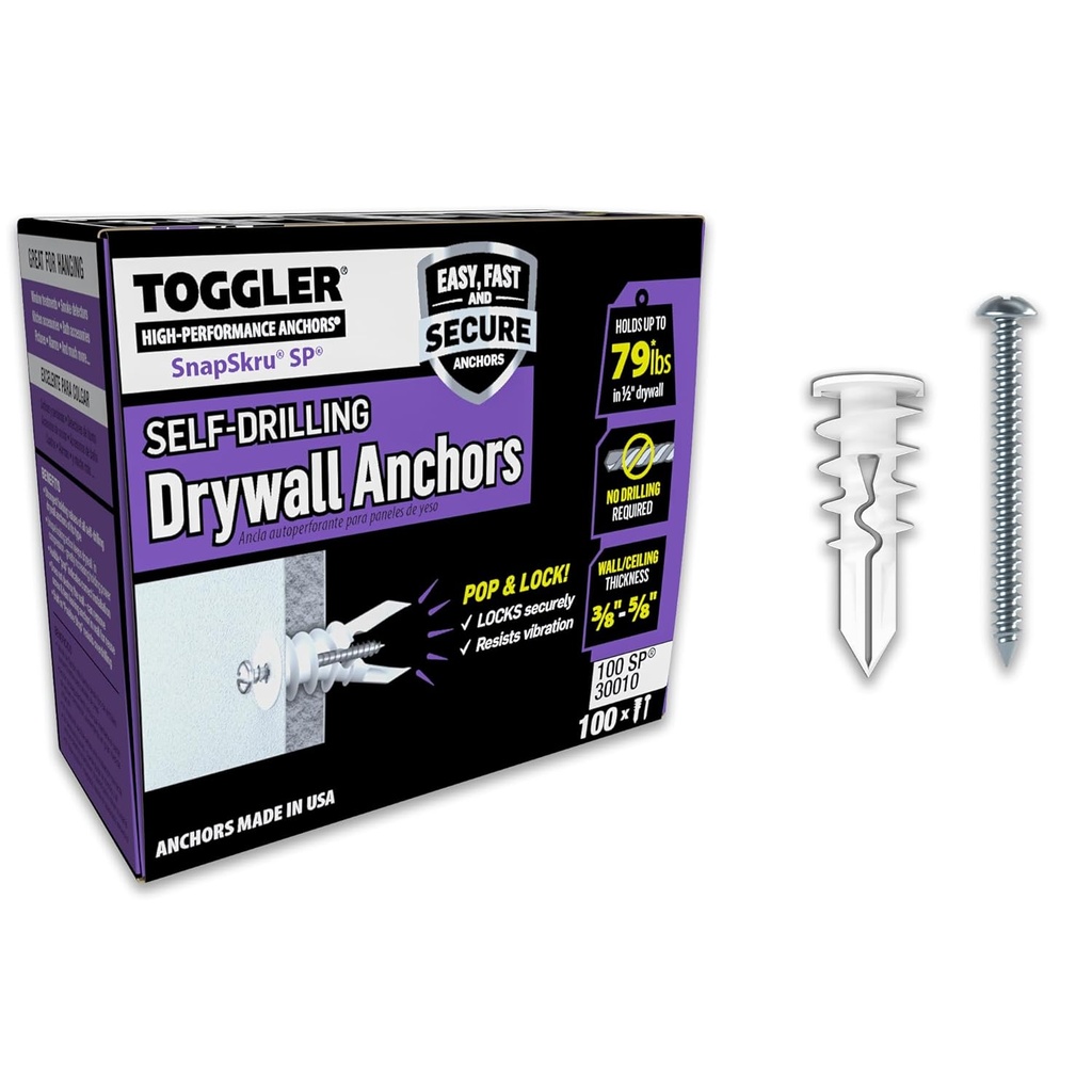 TOGGLER SnapSkru SP Self-Drilling Drywall Anchor for Hollow Wall, Made in The USA, Glass-Filled Nylon, for #6 to #10 Fastener Sizes