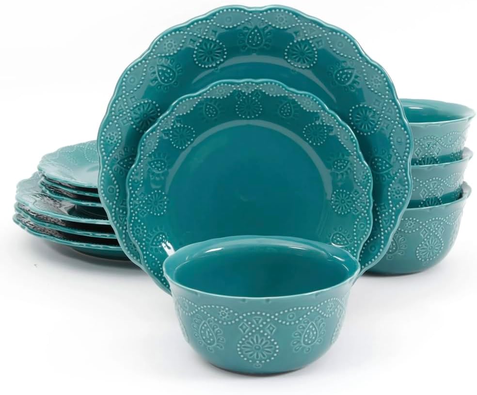 Pioneer Woman Cowgirl Lace 12-Piece Dinnerware Set (teal)