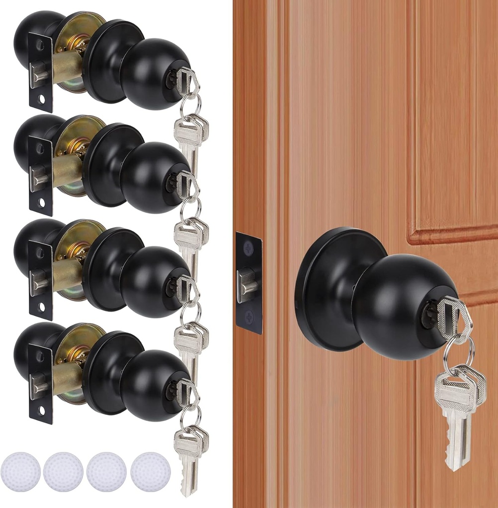 4 Pack Keyed Entry Door Knobs Matte Black Round Exterior/Interior Door Lock with Keys for Bedroom Bathroom, Hardwares & Instruction Included(Not Keyed Alike)
