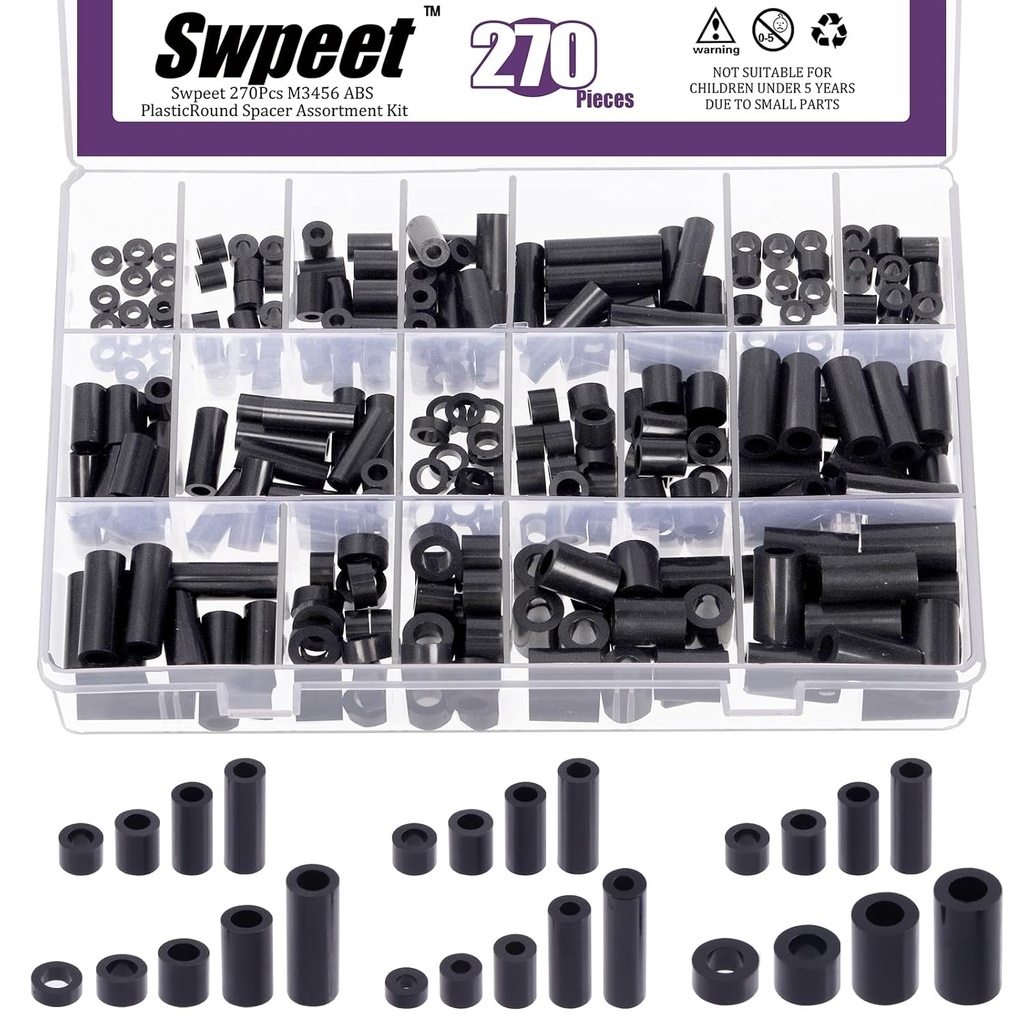 Swpeet 270Pcs 18 Sizes Black Nylon Round Spacer Standoff Screw Nut Assortment Kit, Nylon ABS Plastic Standoff, Length 3mm 5mm 6mm 8mm 10mm 12mm 18mm 20mm 25mm for M3 M4 M5 M6 Screws Prototyping