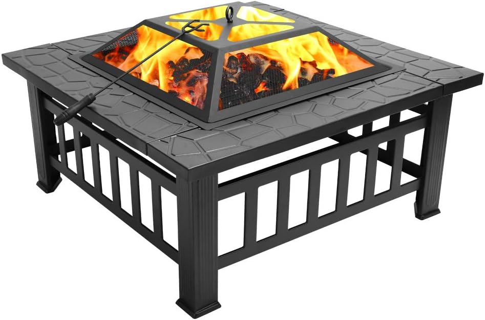 Fire Pit Table 32in Square Metal Firepit Stove Backyard Patio GFireplace for Camping, Outdoor Heating, Bonfire and Picnic