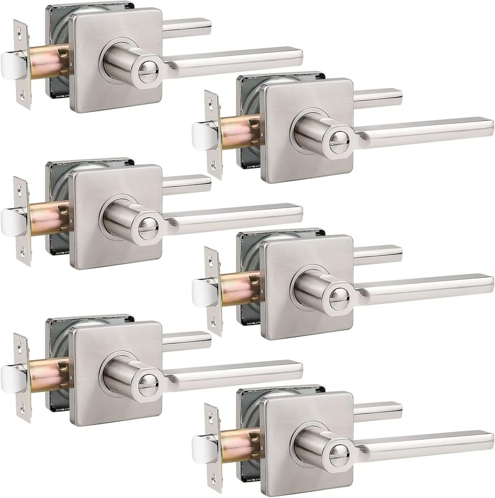 Probrico (6 Pack Square Door Lever Interior Bedroom or Bathroom Lever Door Handle, Privacy Door Lever in Satin Nickel,with Locking Keyless Lever for Right & Left Sided Doors Heavy Duty