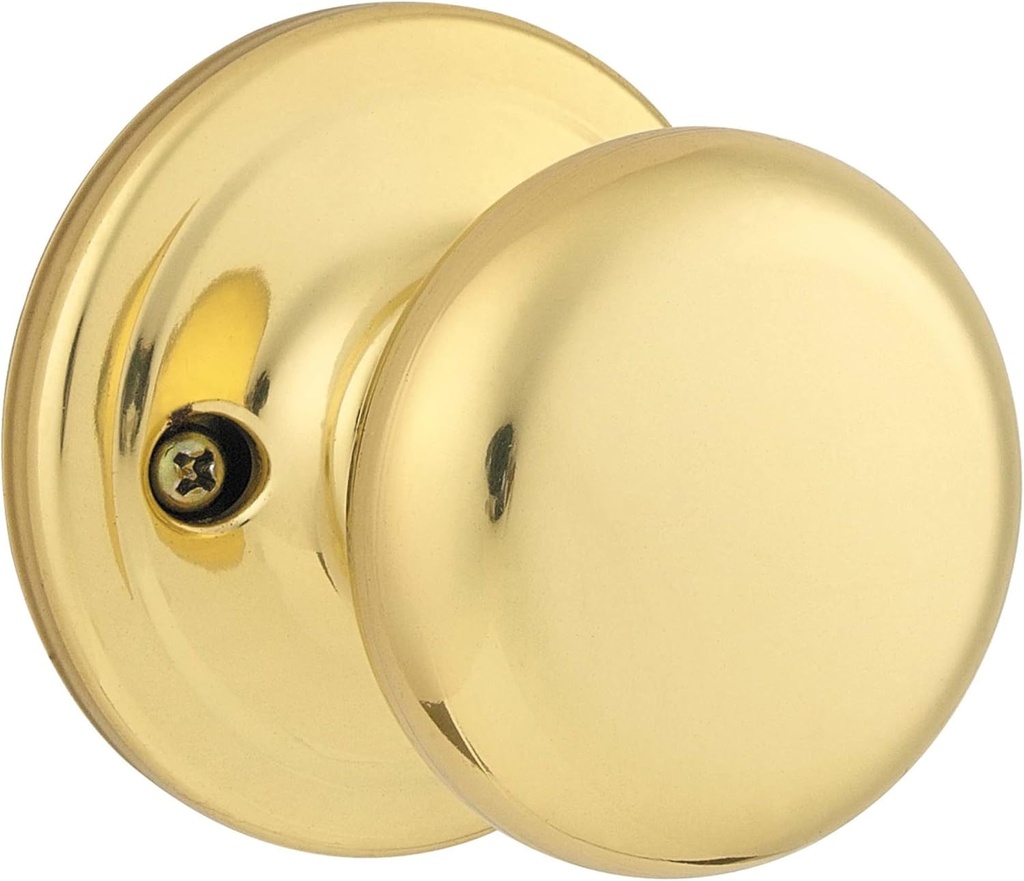 Kwikset Juno Dummy Door Knob, Single Sided Handle for Closets, French Double Doors, and Pantry, Polished Brass Non-Turning Interior Push/Pull Door Knob