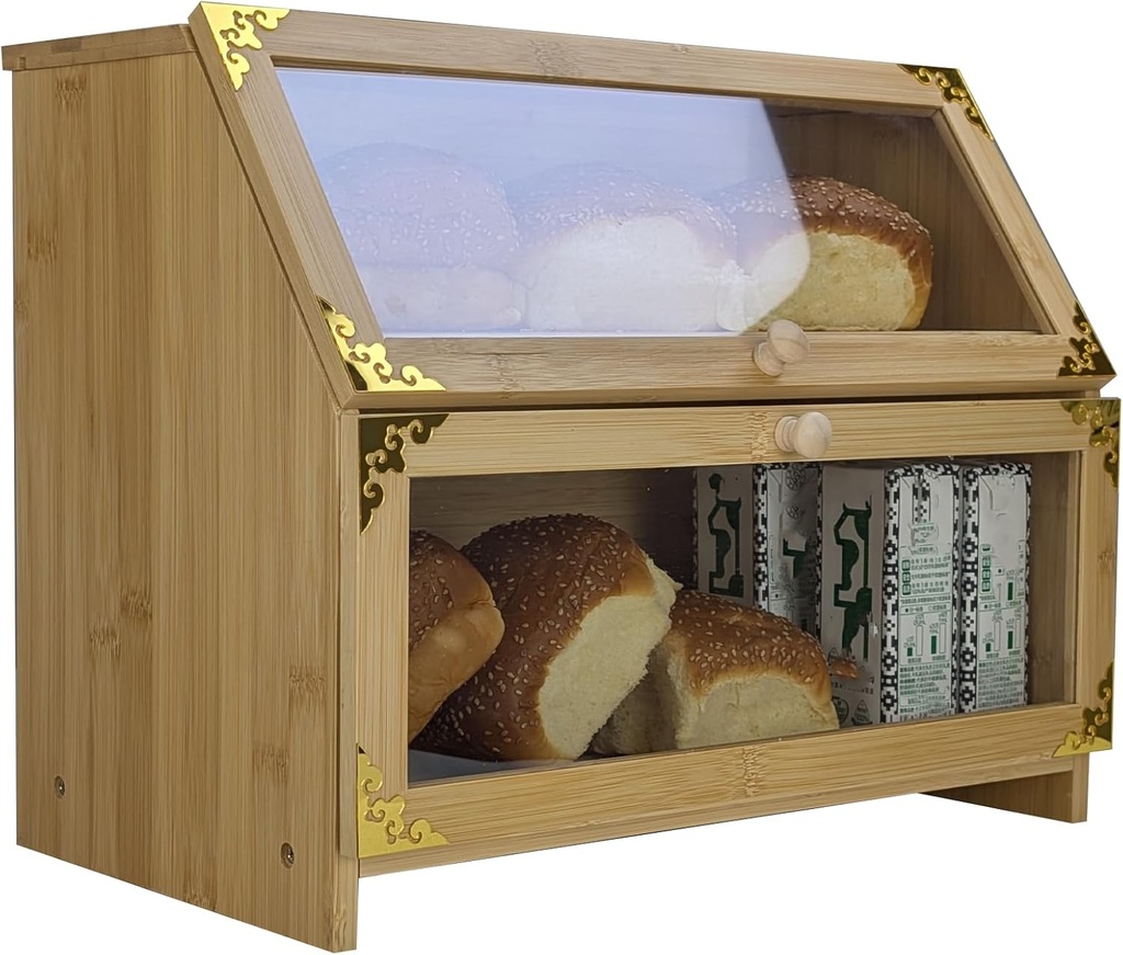 ARTAWEIN Extra Large Bamboo Corner Bread Box for Kitchen Countertop - Double Layer, Airtight Bread Bin and Holder, Natural Bread Storage Container, Ideal Natural Breadbox Keeper for Homemade Breads