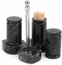 Marble Salt and Pepper Shakers Set of 3 Black 0.8 Oz Salt and Pepper Dispenser with Tray, Salt Shakers for Modern Home Kitchen Decor, Easy Filling & Toothpick Holder