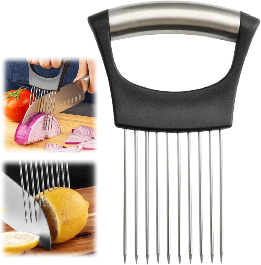 Upgrade Onion Holder for Slicing, Stainless Steel Lemon Slicer Onion Cutter for Slicing, Vegetable Cutter for Potato and Tomato, Avocados, Eggs, Meat, Kitchen Chopper Slicings Tool (Black, 1PC)