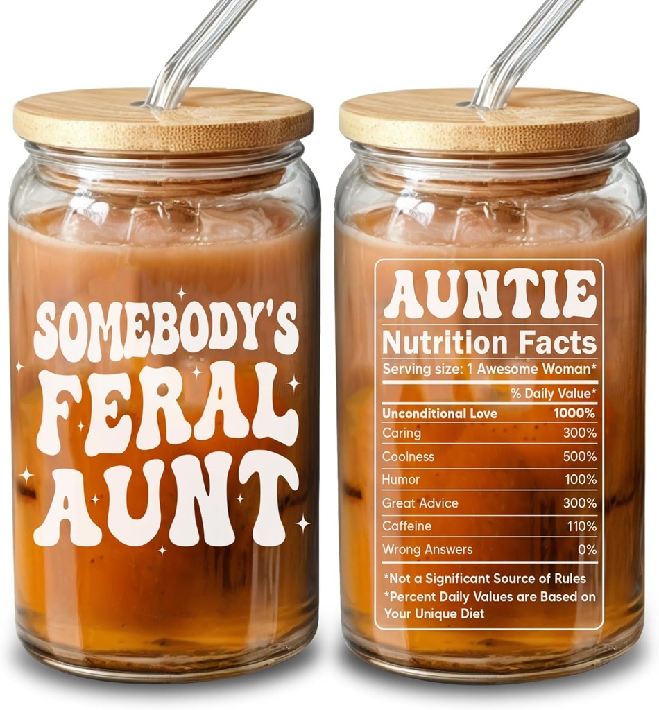 Mothers Day Gifts For Aunt -Somebodys Feral Aunt Coffee Glass Cup 16oz - Birthday Gift, Christmas For Auntie, New Auntie, To Be Aunts - Best Aunts Gifts From Niece, Nephew