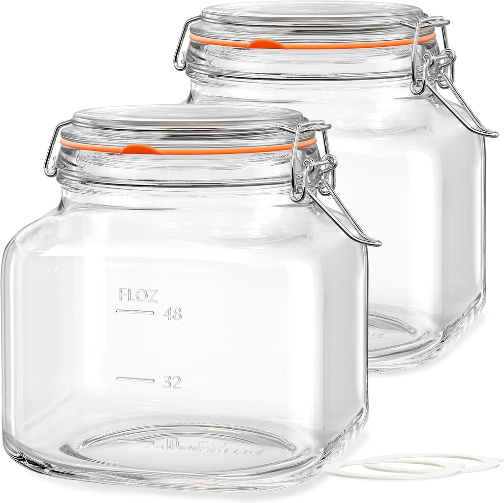 81oz Glass Jars with Airtight Lid, 2 Pack Glass Food Storage Jars with 2 Scale Marks, Square Glass Canisters for Flour, Cereal, Coffee, Pasta, Cookies, Pickle, 0.6 Gallon Wide Mouth Mason Jars