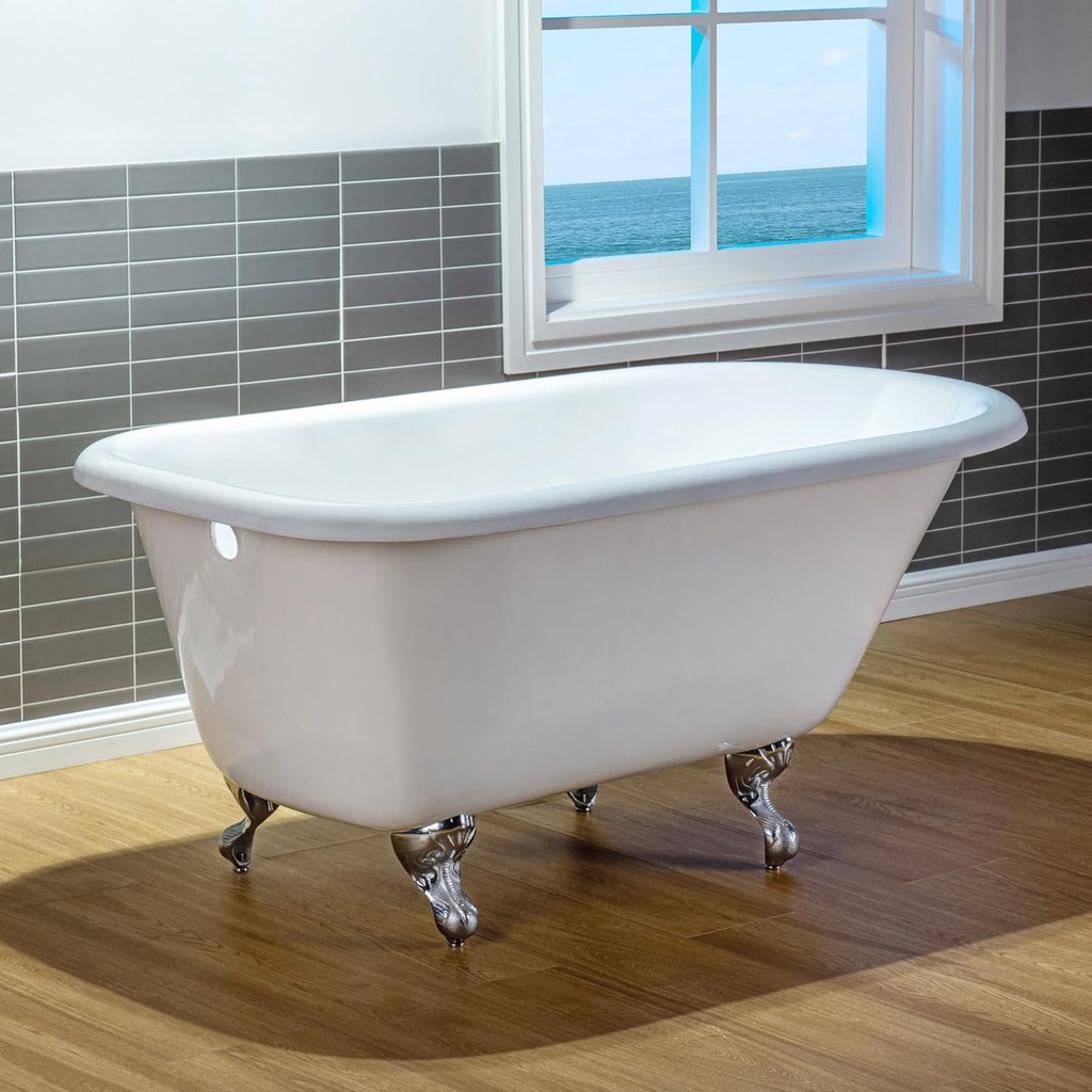 WOODBRIDGE 54" Enameled Cast Iron Roll Top Clawfoot Bathtub with Chrome Iron Feet, White, TC0354