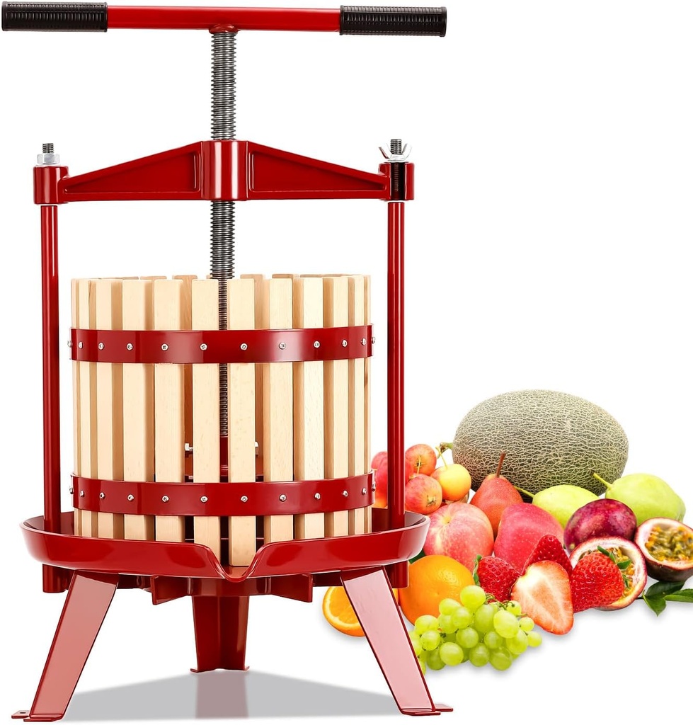 Manual Fruit Wine Press, Juice Maker for Wine, Cider, Apple, Tincture, Vegetables, Honey, Olive Oil - T-Handle, Stable Triangular Structure, 4.75 Gal/18L Capacity (Wood, 4.75 Gallon)