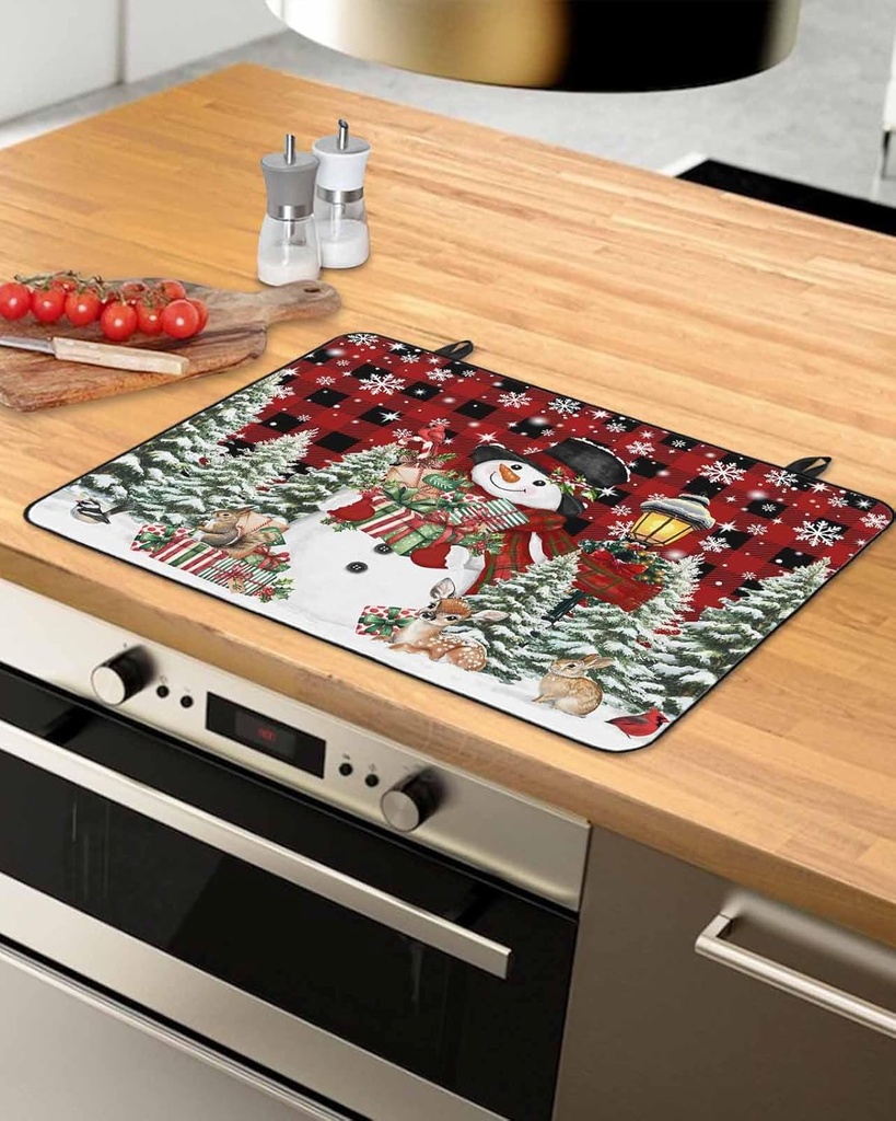 Christmas Countertop Burners Protection Mats for Kitchen, Snowman with Gift Snowflake Deer Red Plaid Rubber Stove Top Cover Mat, Heat Proof Mats Cooktop Cover for Counter Dish Drying Mat, 31"x24"