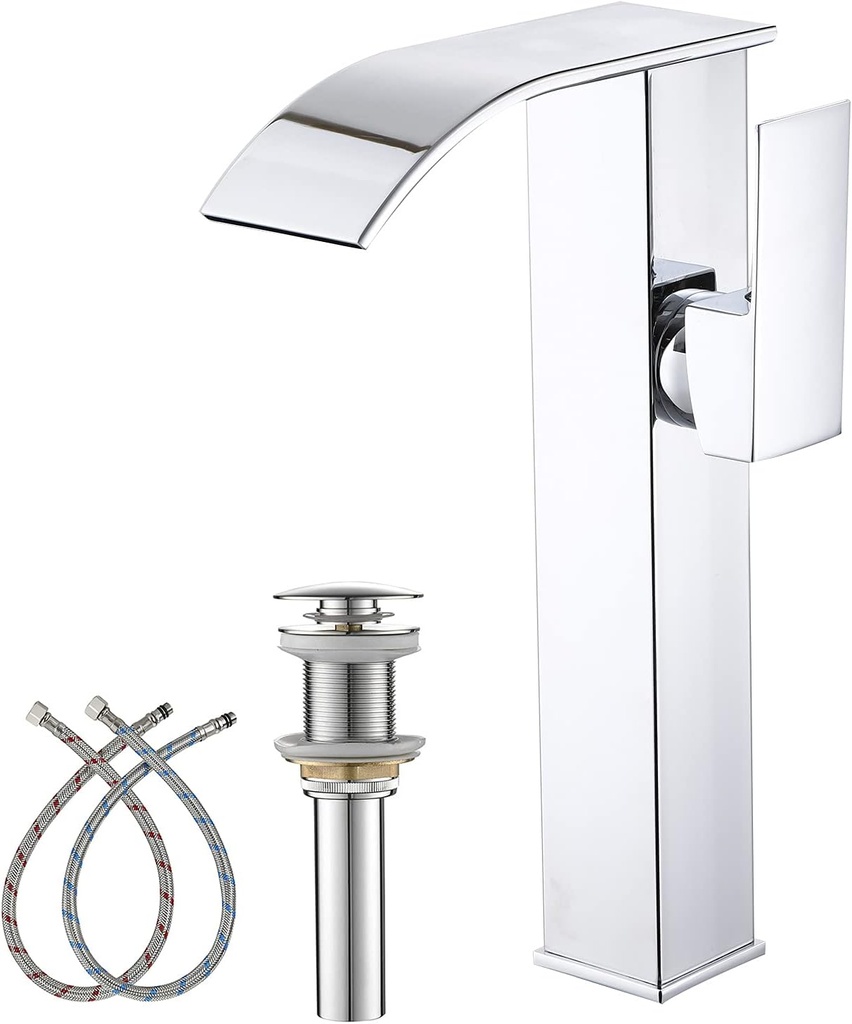 Chrome Bathroom Vessel Faucet Waterfall Spout Single Hole One Handle Deck Mount Bowl Sink Faucets Matching Pop Up Drain Without Overflow Tall Lavatory Vanity Bar Tap Commercial Modern