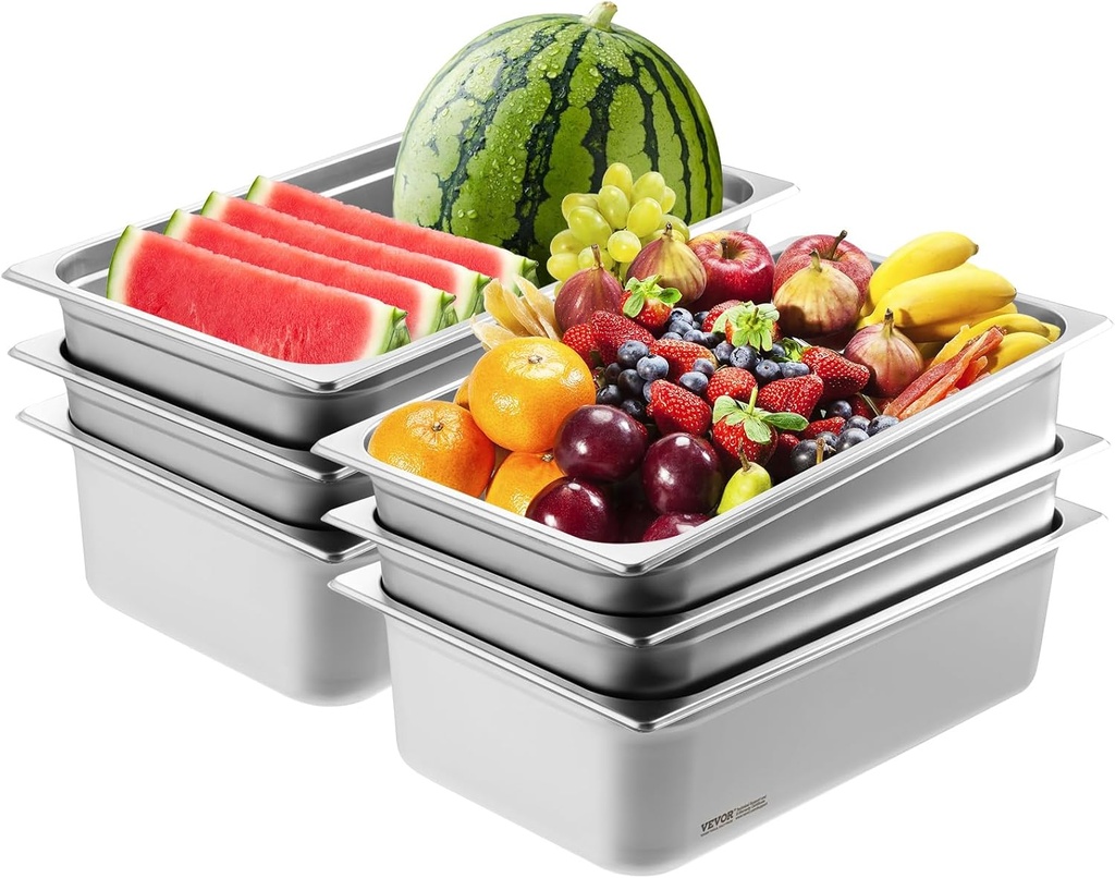 VEVOR 6 Pack Hotel Pans, Full Size 0.8mm Thick 6-Inch Deep Commercial Stainless Steel Restaurant Steam Table Pan, Catering Storage Food Pan, for Industrial & Scientific