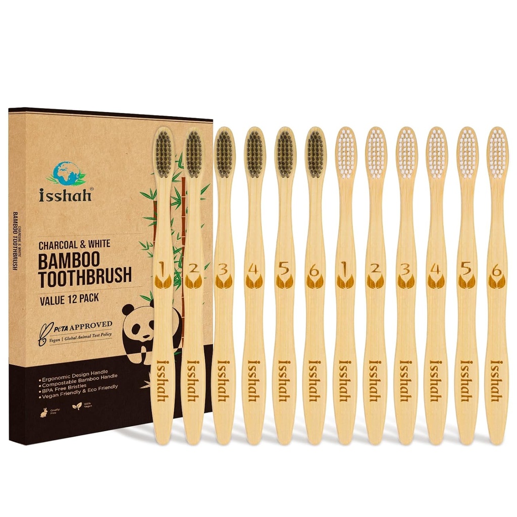 Biodegradable Eco-Friendly Natural Bamboo Charcoal Toothbrushes, FSC Certified and PETA Approved - 12 Count