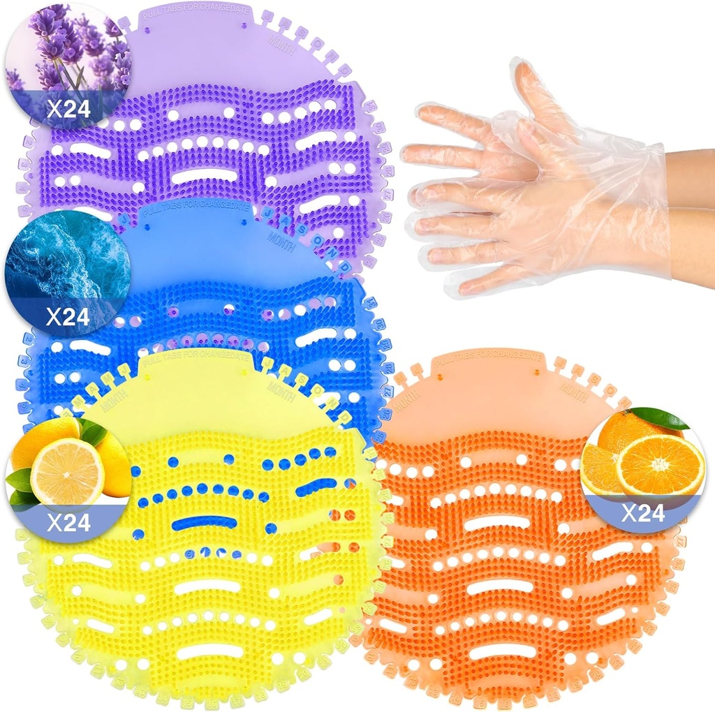 96 PACK Urinal Deodorizer Screen with 100 Gloves-3D Wave Anti-Splash Odor Protection Urinal Cakes for Men Toilets, Four Scents Urinal Mats