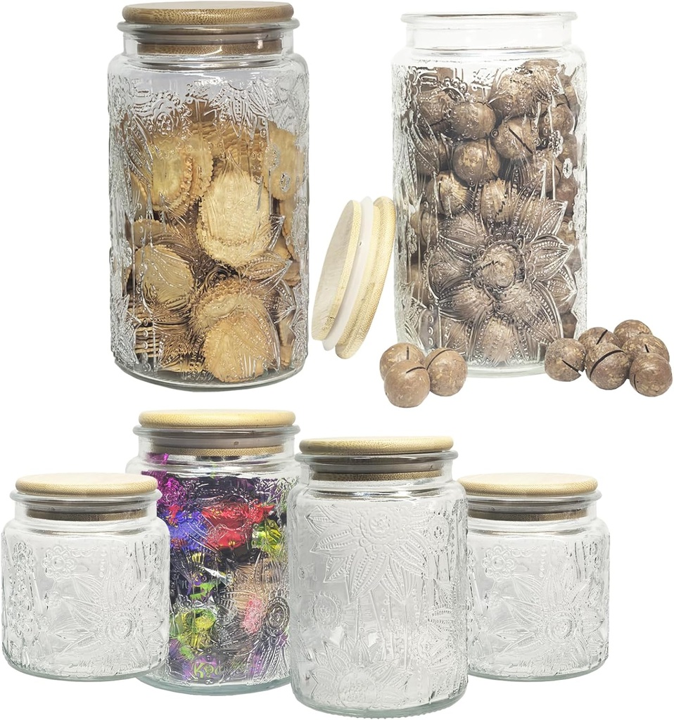 Vintage Glass Jars with Lids Set, 6 PCS Clear Glass Food Storage Containers, 17/24/34 oz Airtight Cookie Jar Candy Jar for Kitchen Counter, Pantry, Coffee, Tea, Tea Beans