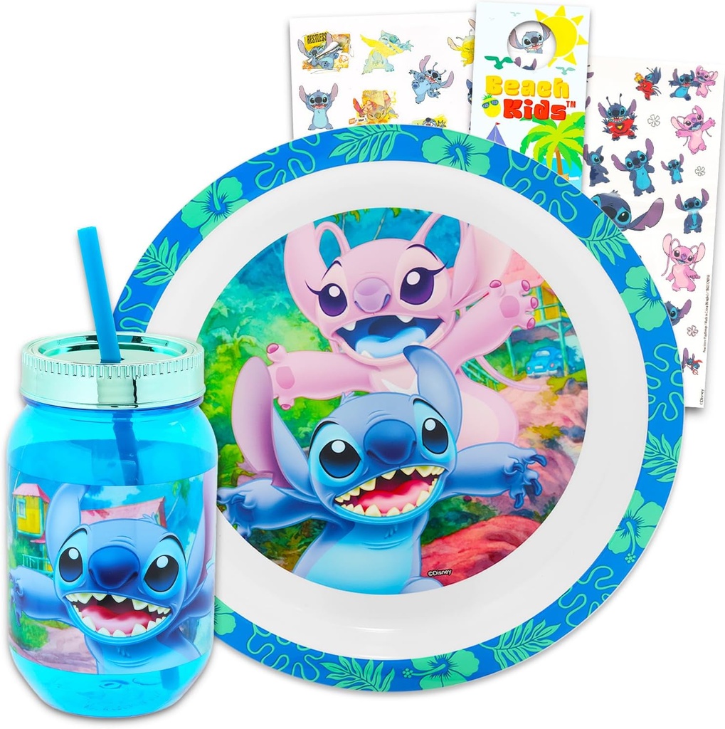 Disney Stitch Dinnerware Set for Kids, Toddlers - 3 Pc Kitchen Accessories Bundle with Stitch Dinner Plate, Cup with Lid and Straw, Stickers, More | Lilo and Stitch Flatware Set
