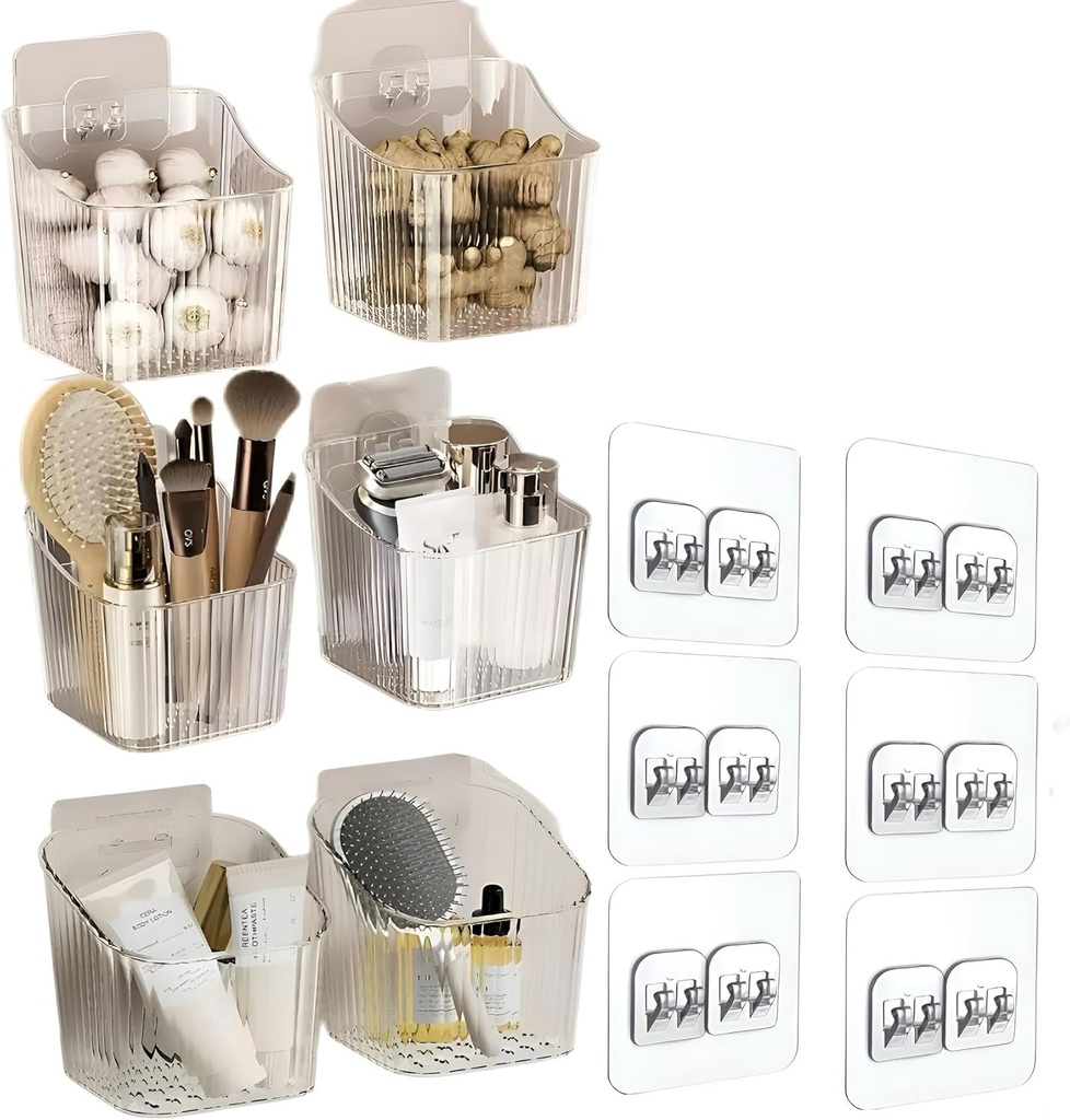 6Pack Wall Mount Organizer, Adhesive Cabinet Door Storage Bins, Clear Makeup Containers, Stackable Organizer Basket for Kitchen, Bathroom, Cabinet, Pantry, Office，Refrigerator Small Items storage