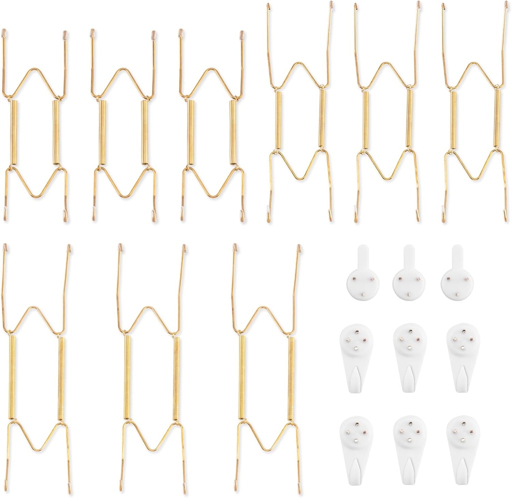 Bilillo 9-Piece Stainless Steel Wall Plate Hangers, 6/8/10 Inch Invisible Decorative Wire Plate Holders with 9 Pieces Wall Hooks for 6 to 11 Inch (Gold)