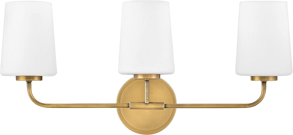 Lark Kline Three-Light Brass Vanity Light Fixture- Tapered Etched Opal Glass Shades, Mount Up or Down - Heritage Brass Finish