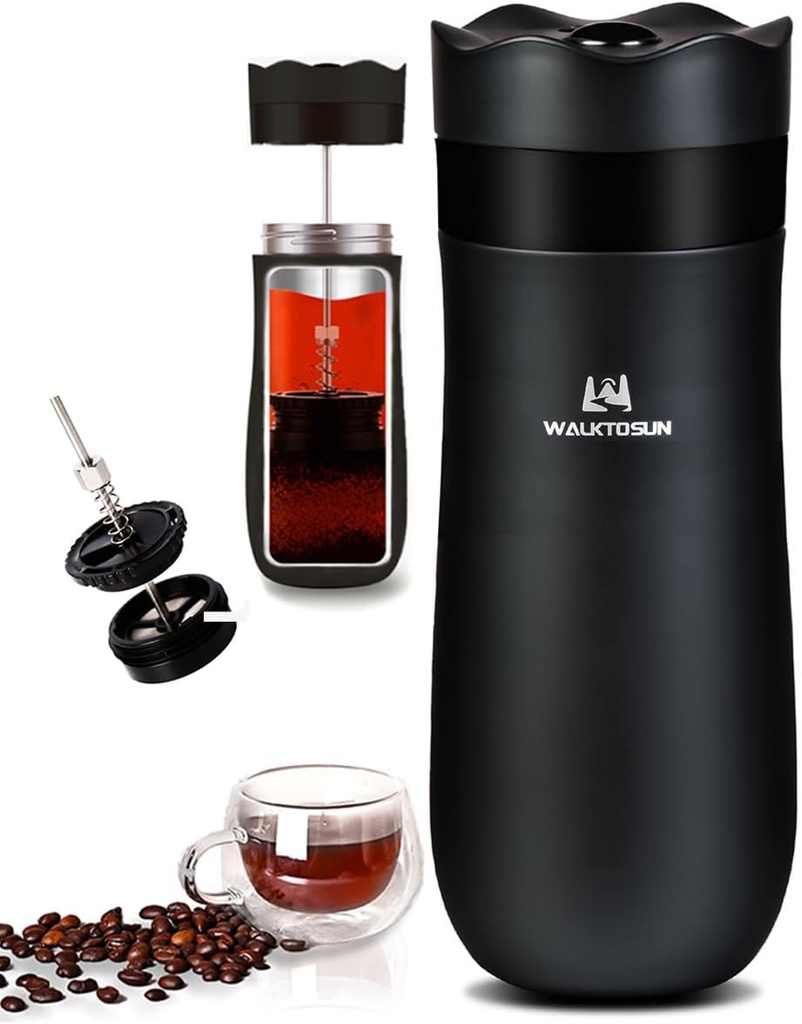 Portable French Press Travel Coffee Maker, Double Walled Stainless Steel Vacuum Insulated Coffee Maker and Tea Maker,12 Ounce, Mini Vacuum Mug Filter Coffee Cup for Travel (Black)