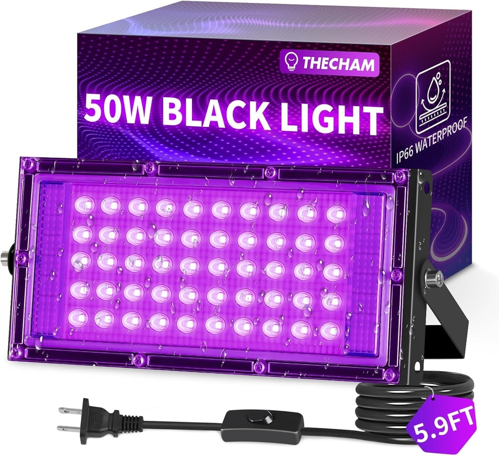 50W LED Black Lights IP66 Waterproof Black Light Outdoor with 5.9ft Plug+Switch,Flood Blacklight for Halloween Glow in The Dark Party Stage Light Neon Glow Birthday 1 Pack