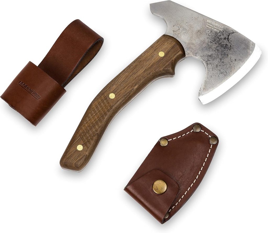 BPS Knives Bushcraft Axe with Leather Sheath - Full Tang Camping Axe - Survival Carbon Steel Hatchet - Small Wood Carving Axe - Camping Axe for Chopping Wood and Gardening