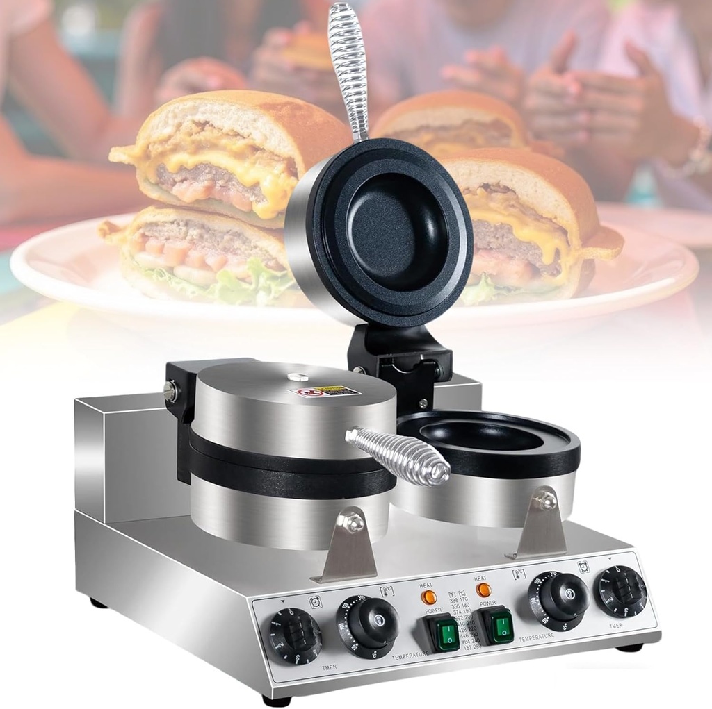 Stainless Steel Waffle Burger Maker Machine,Stainless Steel,Double Head Gelato Panini UFO Hamburger Press,for Food Trucks and Snack Bars