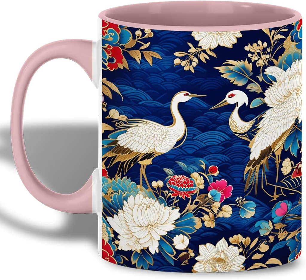 Asian Crane and Lotus Mug, 11oz Ceramic Coffee Cup with Oriental Floral Art, Elegant Blue and Gold Pattern Tea Mug, Gift for Nature Lovers and Art Collectors