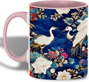 Asian Crane and Lotus Mug, 11oz Ceramic Coffee Cup with Oriental Floral Art, Elegant Blue and Gold Pattern Tea Mug, Gift for Nature Lovers and Art Collectors