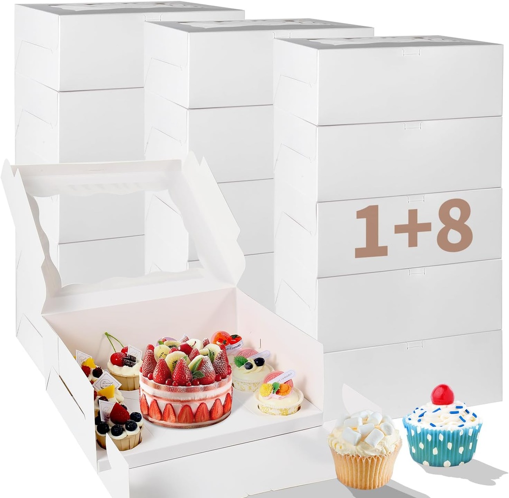 Bento Cake Box With Cupcakes, Clear Window 9 Holes Bento Combination,6 Sets: Cookie Boxes Fit 8 Regular Cupcake and Mini Cakes, Christmas Wedding Birthday Party (White/clear, 1+8/6pcs)