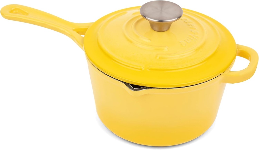 Larder & Vine Enameled Cast Iron Saucepan | 2.2 qt Sauce Pan with Lid | Saucepan with Pour Spouts | Enameled Cast Iron Pot Compatible on All Cooktops & Oven Safe to 500° F | Limoncello