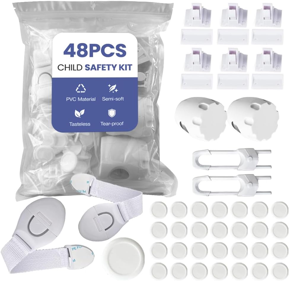 48-Pack Baby Proofing Kit, Child Safety Locks for Cabinet & Drawer, Outlet Covers, U-Shaped Locks & Door Knob Safety Covers, Complete Baby Protection for Home, Kitchen & Bathroom