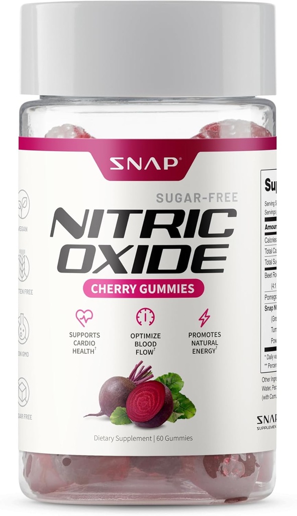 Snap Supplements Nitric Oxide Beet Root Gummies Supplement with Organic Beets - Energy & Circulation Support, 60 Sugar-Free Gummies (30 Servings, 1 Month Supply), Cherry