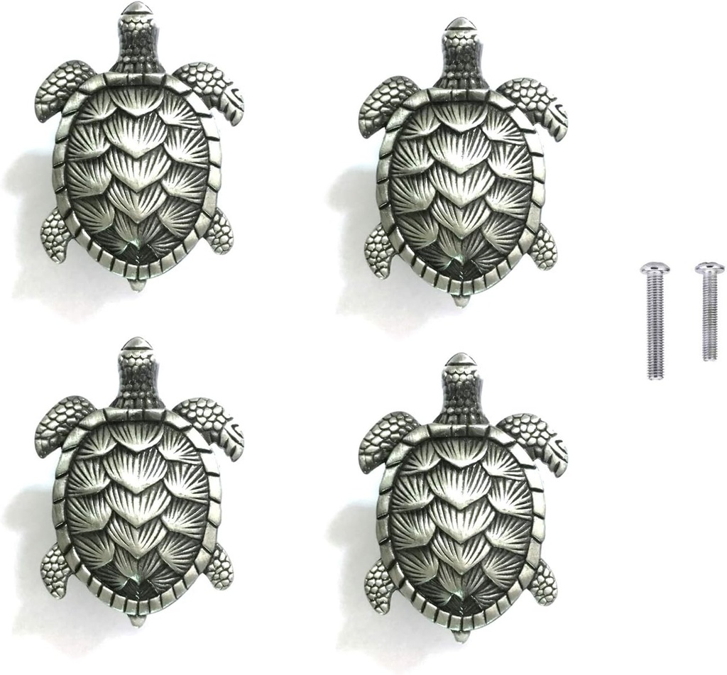 Set of 4 Sea Turtles Metal Dresser Drawer Cabinet Knobs Pulls Handles Home Bathroom Beach Nautical Coastal Decor (Pewter)