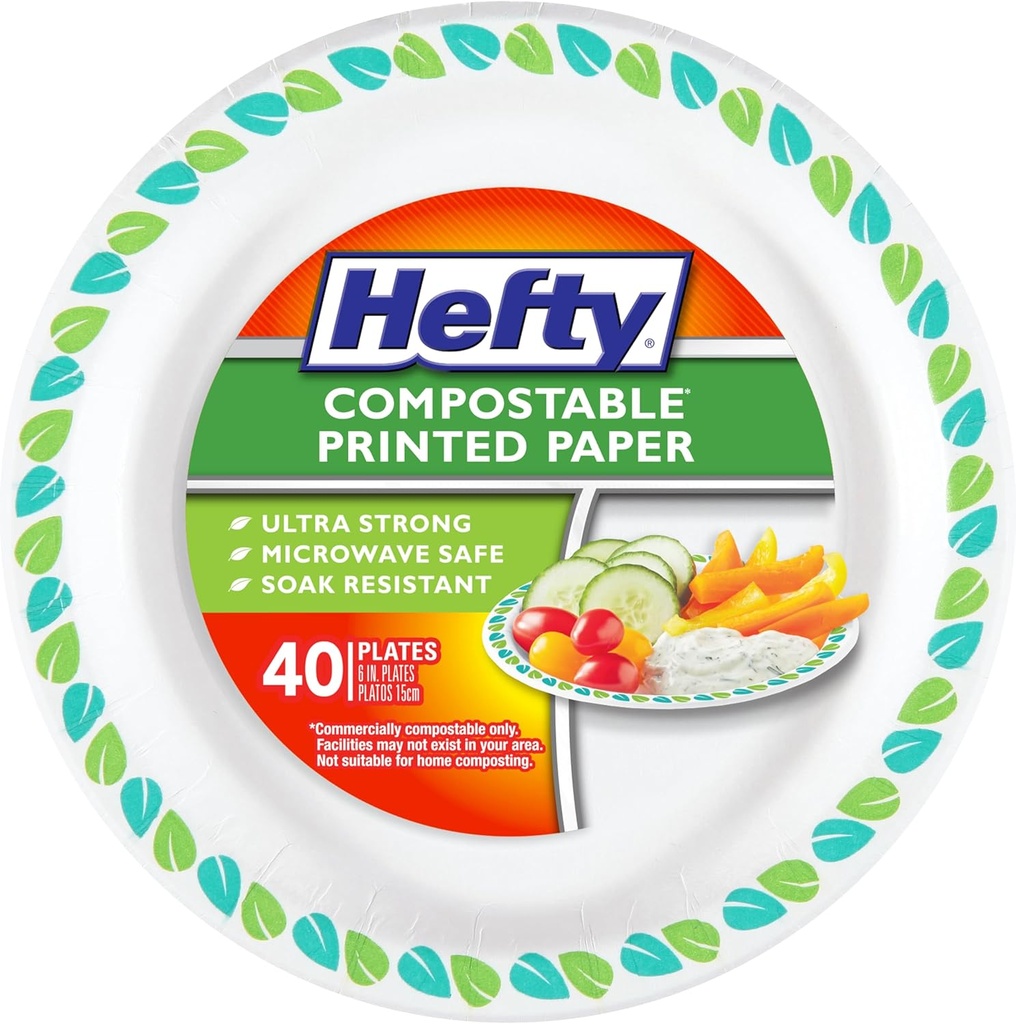 Hefty Compostable Printed Small Paper Plates for Desserts and Appetizers, Soak Resistant and Microwave Safe Compostable Plates, 6 Inch, 40 Count
