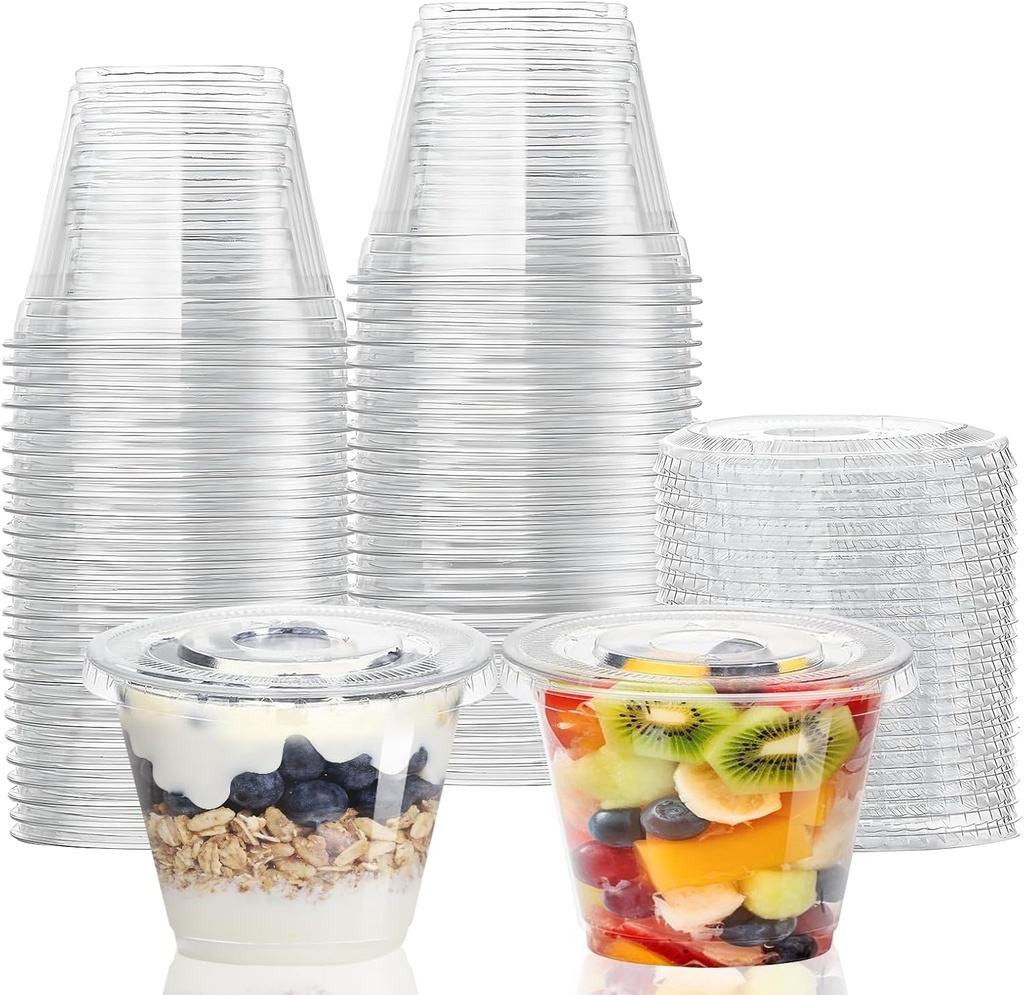 CenYouful 9 oz Clear Plastic Cups with Flat Lids No Hole, 50 Packs, Disposable Dessert Cups with Lids for Ice Cream, Cake, Snacks, Fruit, Cold Drinks, Smoothie, Pudding, Salad