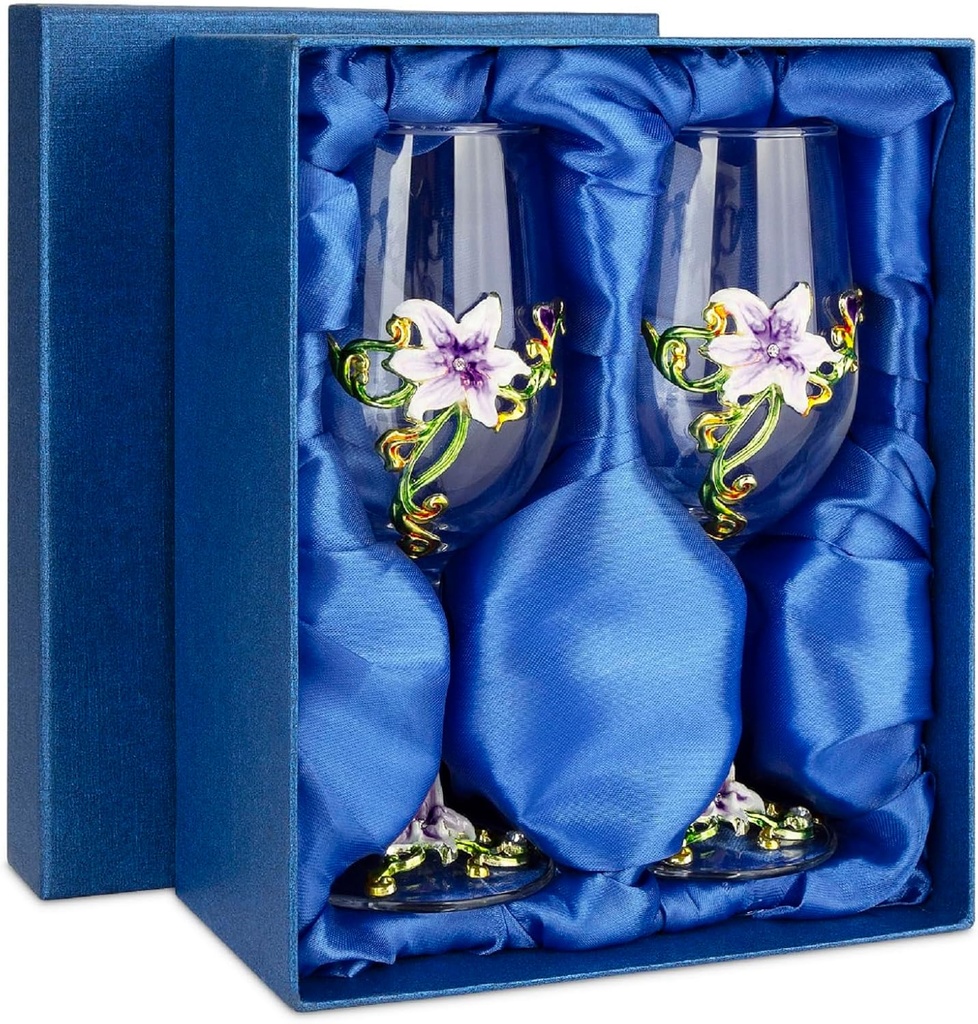 Simcat Handmade Painted Enamel Flower Glass Wine Glasses Transparent Refined Goblet, Stem For Cabernet, Gifts (Purple double gift box,2 Gift Box)