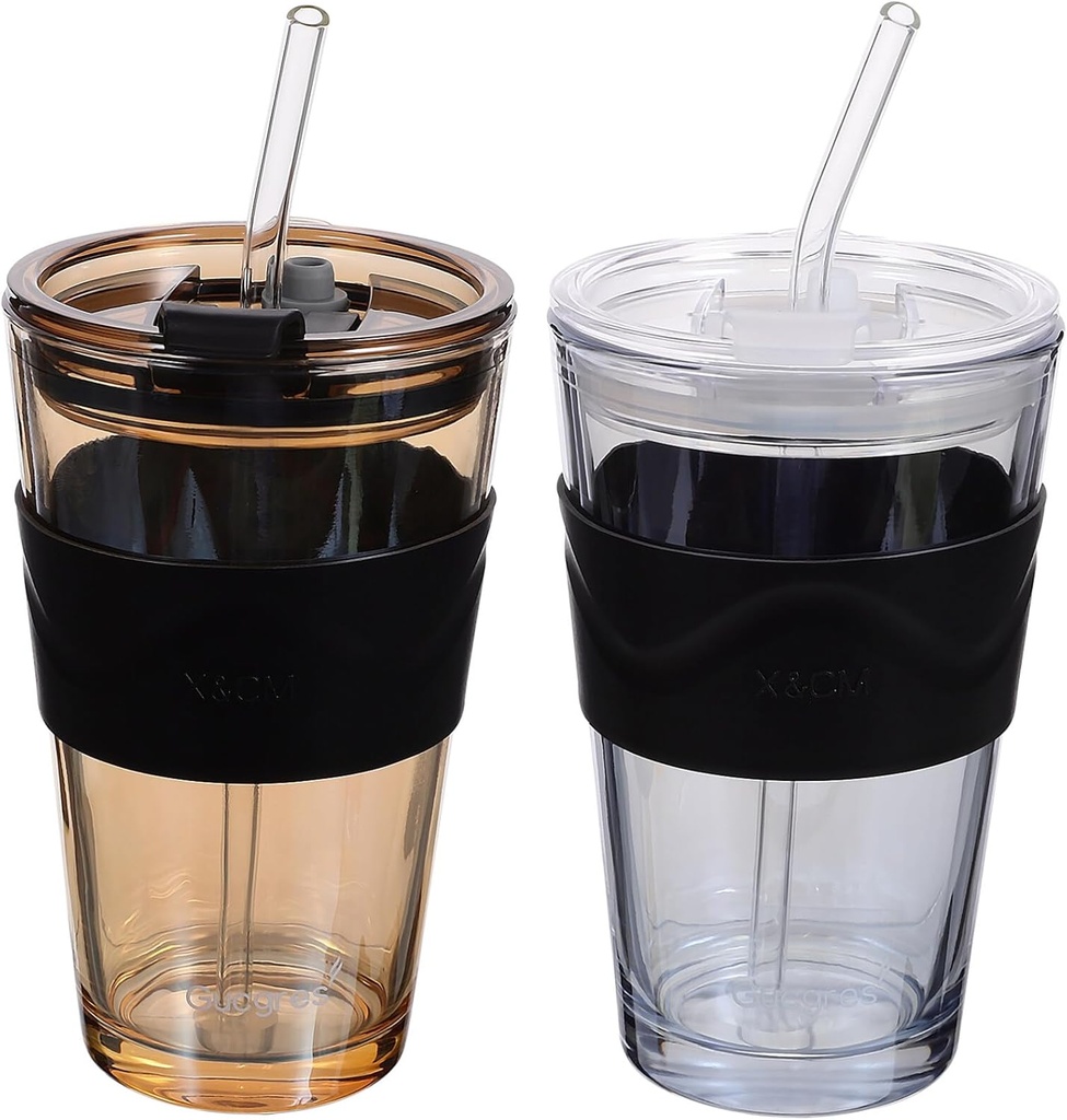 Luxshiny Glass Water Cup with Straw 2pcs 450ml Reusable for Cold Brew Iced Tea Beer Stylish and Practical for Daily Use