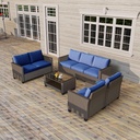 Patio Furniture Set 5 Pieces, Outdoor Patio Furniture Set with Rattan Wicker Chairs, Glass Table and Cushions for Porch, Balcony, Backyard, Garden, Poolside, Brown & Blue